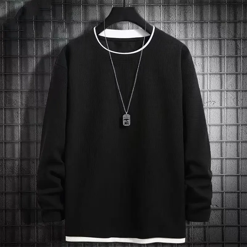 Spring Autumn Men's Solid Round Neck Pullover Patchwork Long Sleeve Sports T-shirt Hoodies Fashion Loose Casual Undershirt Tops
