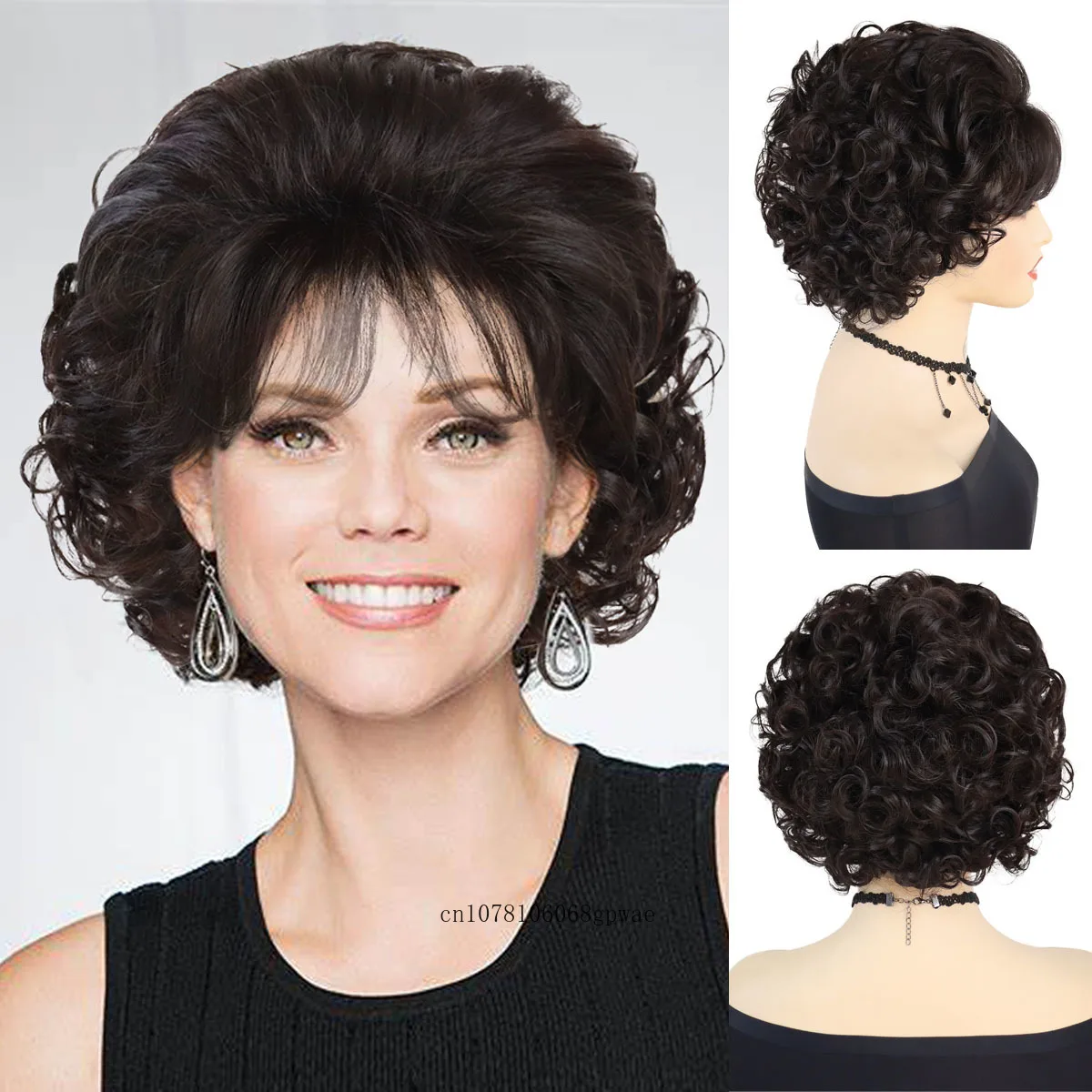 

Short Curly Wig with Bangs Synthetic Hair Dark Brown Wigs for Women Natural Daily Party Use Fashion Elegant Mommy Wig Ladies