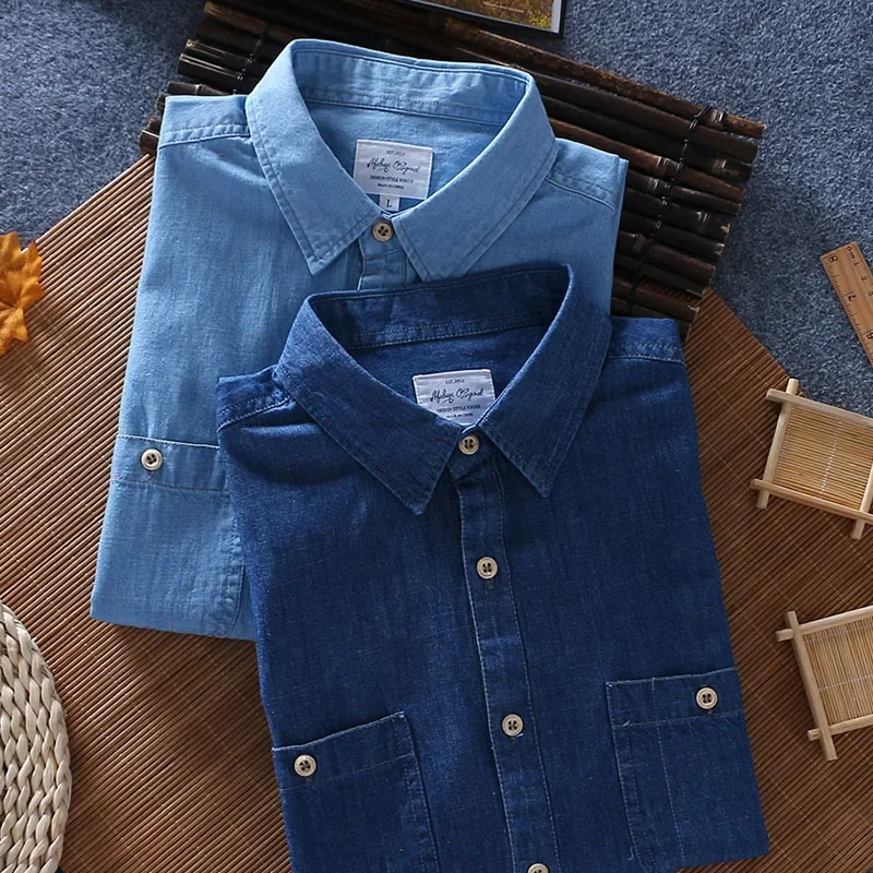 Casual short sleeved shirt short sleeved shirt summer men 100% slub cotton two front pockets