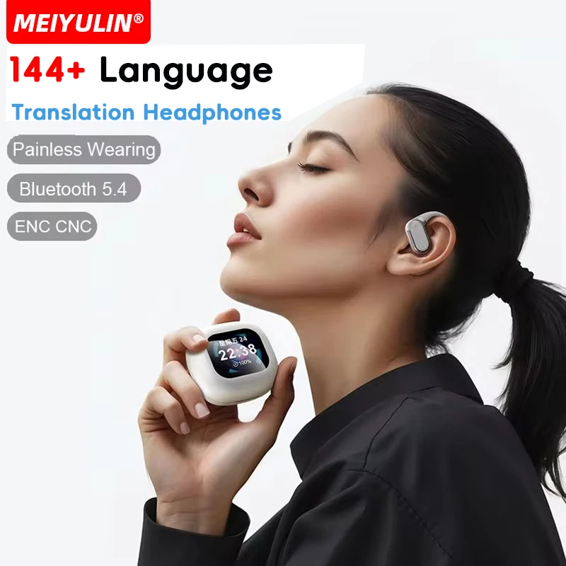 Wireless AI 144 Real-time Language Translators Headphones Bluetooth Ear Hanging Translator Earphones for Travel Business Earbuds