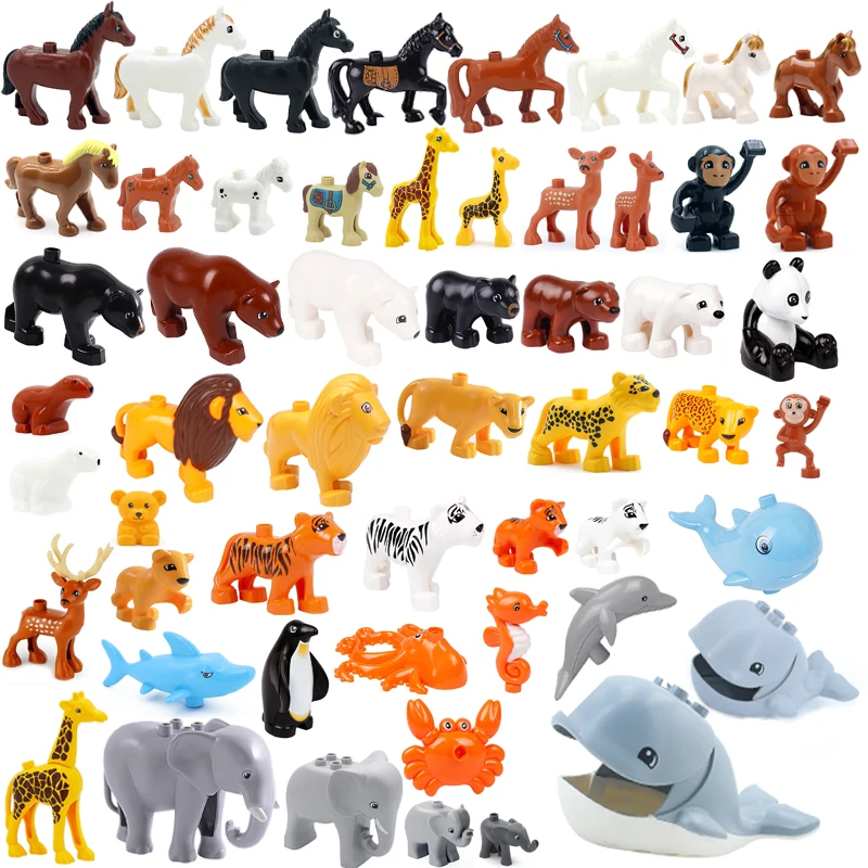 Big Accessories Building Blocks Aquarium Dolphin Shark Seahorse Prairie Lion Leopard Bear Elephant Series DIY Duploes Gift Toys big size blocks animals zoo dolphin parrot panda dinosaur tiger elephant accessories building blocks diy toys for children gifts