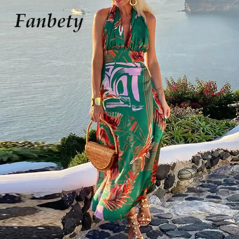 

Women Printed Holiday Beach Dresses Fashion Casual Halter High Waist Bohemian Vestidos Summer Boho Lace-Up Backless Maxi Dress