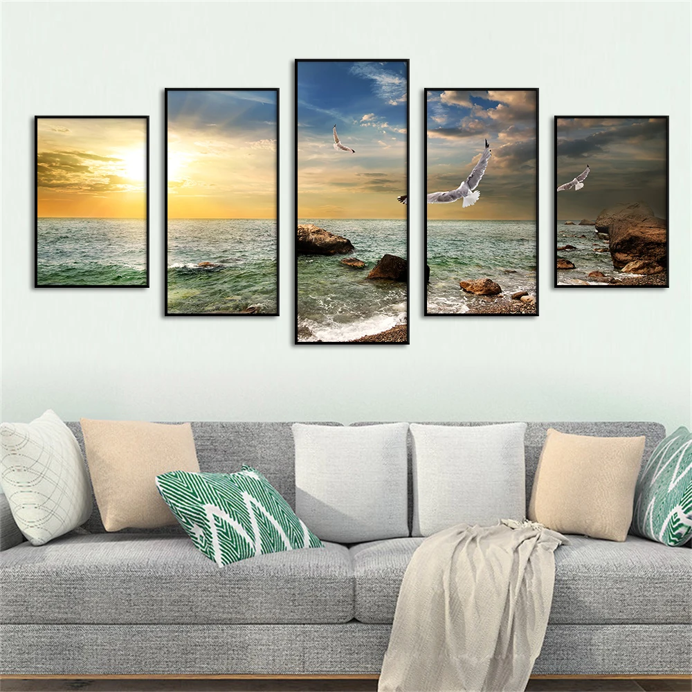 

5 Pieces Sea Scenery Poster Modern Wall Art Beach Sunset Canvas Painting Prints Living Room Home Modular Pictures Decor Cuadros