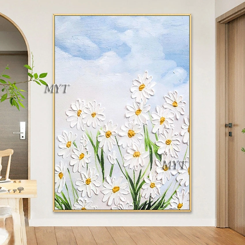 

Холст с изображением цветов, ручная роспись, без рамки, абстрактное искусство, Современная Белая Акриловая картина с цветами для детской комнаты, Настенный декор, художественное оформление