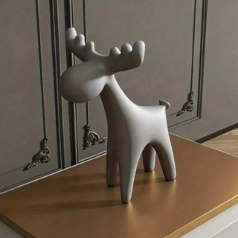 White Modern Minimalist Deer Statue – Elegant Small Stag Sculpture with Large Antlers, Cute Plastic Animal Decoration