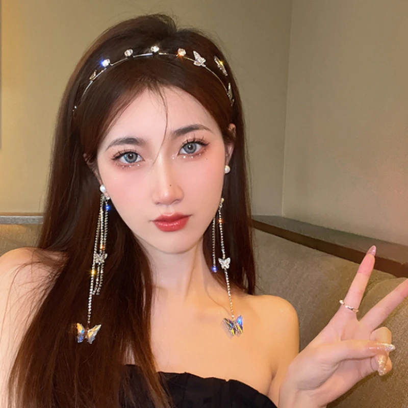 

Pearl Butterfly Tassel Headband for Women Crystal Rhinestone Handmade Long Tassel Hair Chain Star Bling