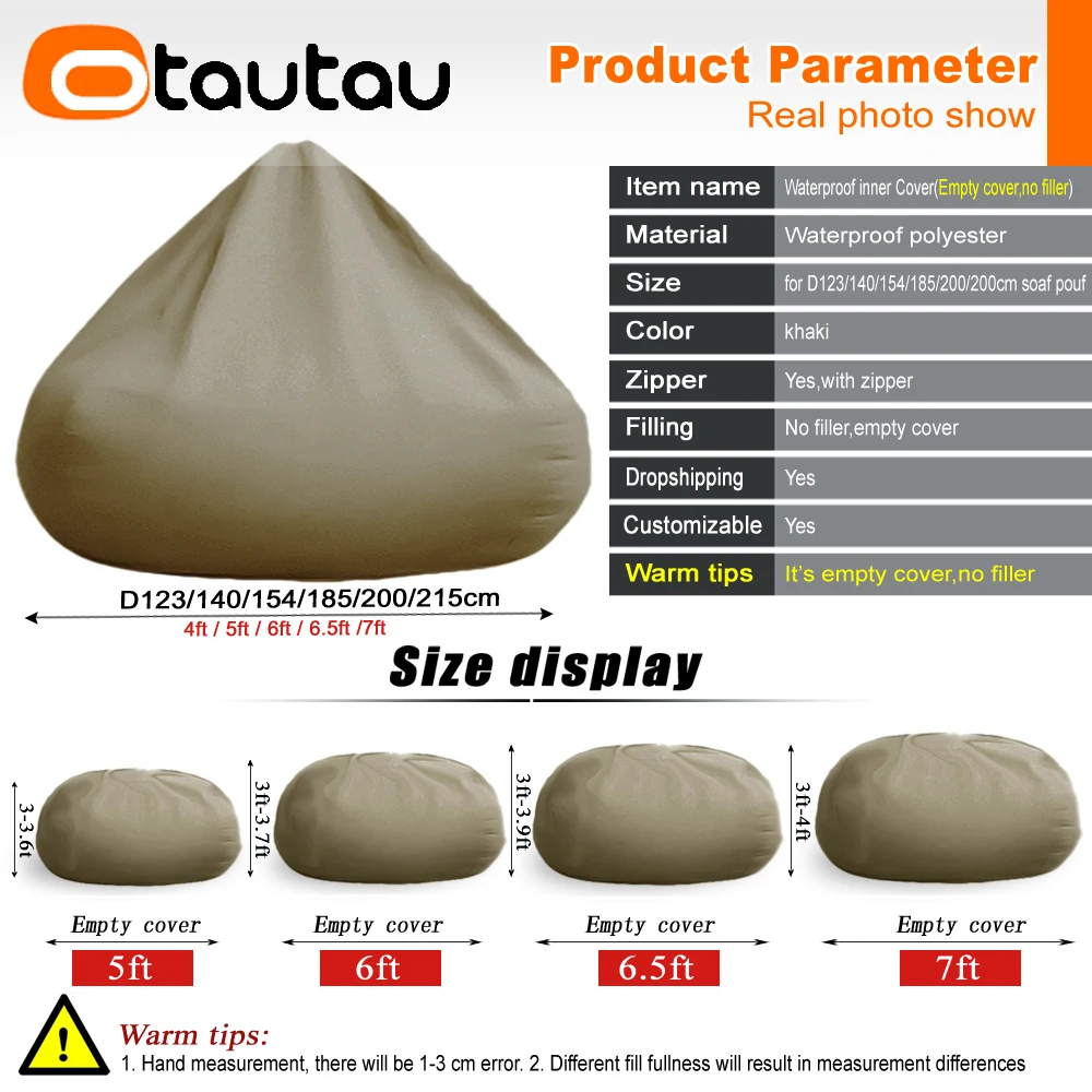 OTAUTAU 4/5/6/7ft Waterproof Giant Round Pouf Inner Liner Cover No Filling Bean Bag Sofa Bed Insert Covers Not for Outdoor DD001 4