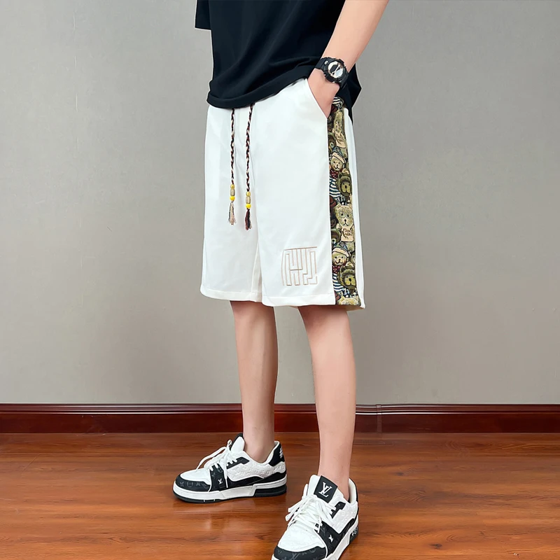 Streetwear Elastic Waist Loose Cargo Shorts Straight Lacing Temperament Simplicity Handsome Patchwork Printing Men's Clothing