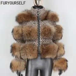2023 Winter Jacket Women Real Fur Coat Parka Natural Raccoon Fur Wool Weave Fabric Stand Collar Warm Outerwear Streetwear