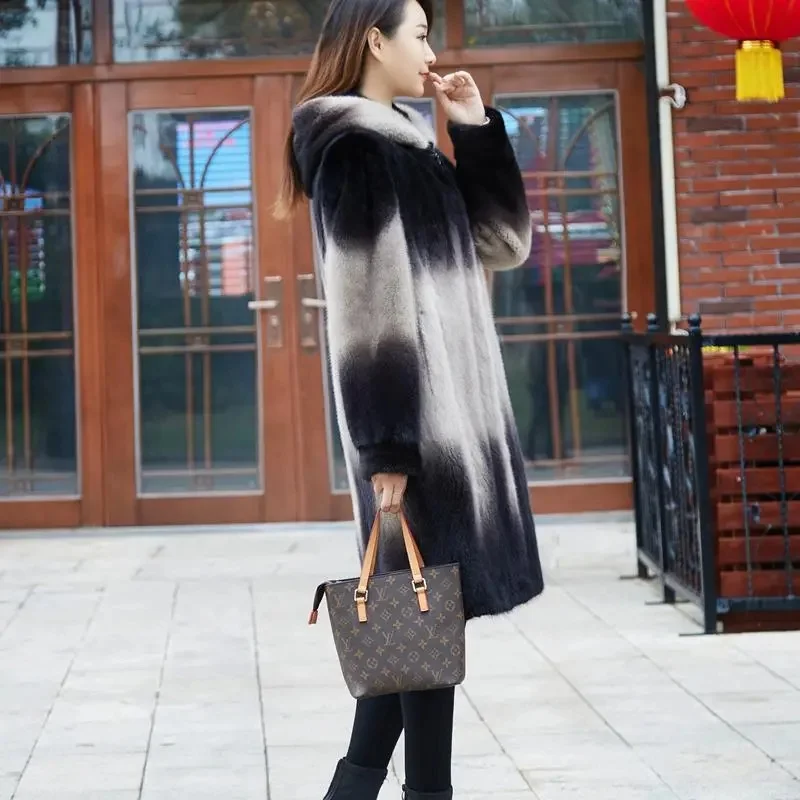 Imitation Mink Coat Female 2023 Autumn Winter New Whole Mink Hooded Medium Length Mink Fur Female Coat Foreign Style Commuting
