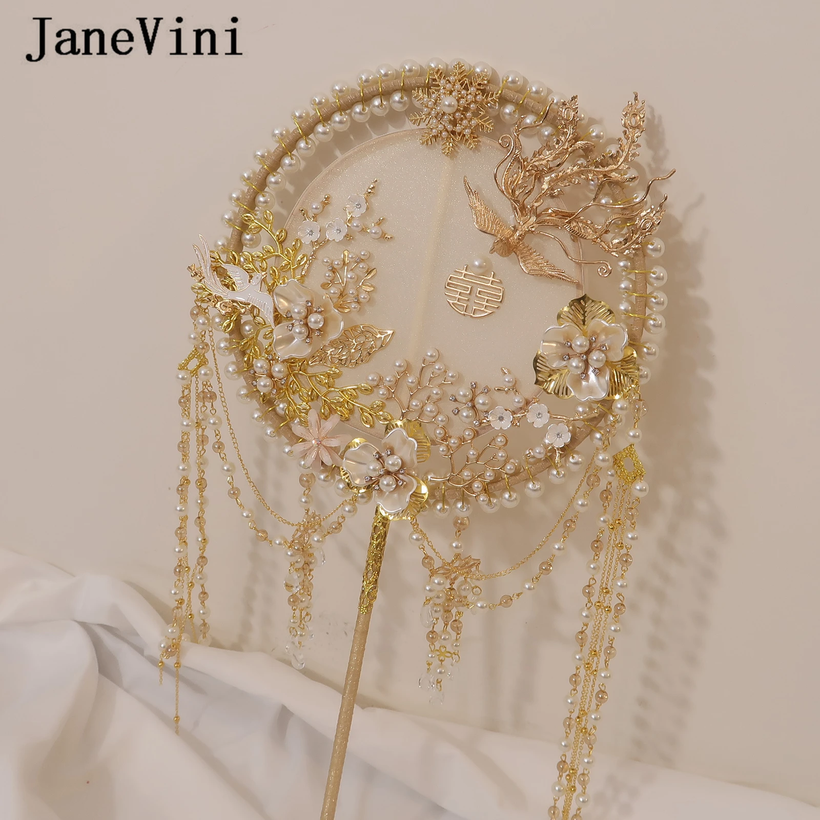 

JaneVini Luxury Gold Phoenix Chinese Bridal Bouquets Fan Long Handle Artificial Flowers Pearls Tassels Metal Wedding Accessories