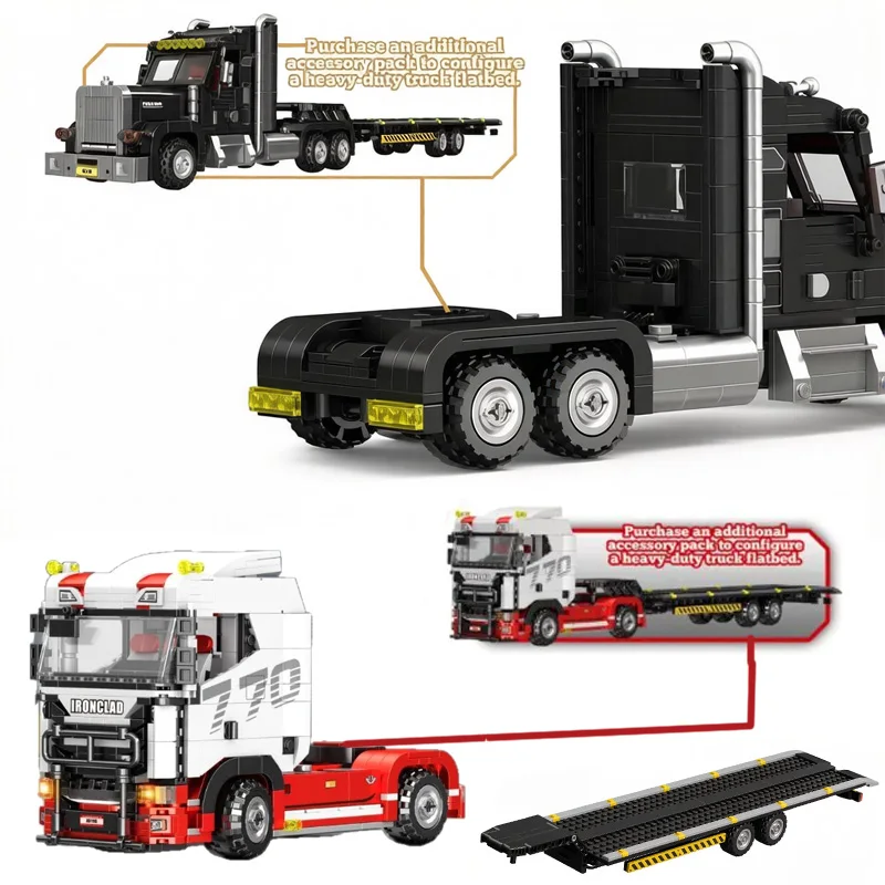 MOC 트럭 헤드 소형 빌딩 블록 엔지니어링 시리즈 트럭 세미 트레일러 트랙터 유닛 조립 자동차 모델 브릭 소년 장난감 선물