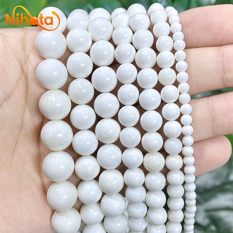 

4/6/8/10/12mm Smooth White Shells Round Loose Beads For DIY Natural Stone Jewelry Making Bracelet Earrings Rings 15'' Strand