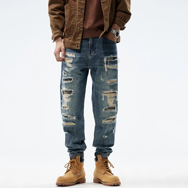 Personalized high street beggar style casual men's jeans Y2k broken hole patch embroidery design loose jeans men's youth pants