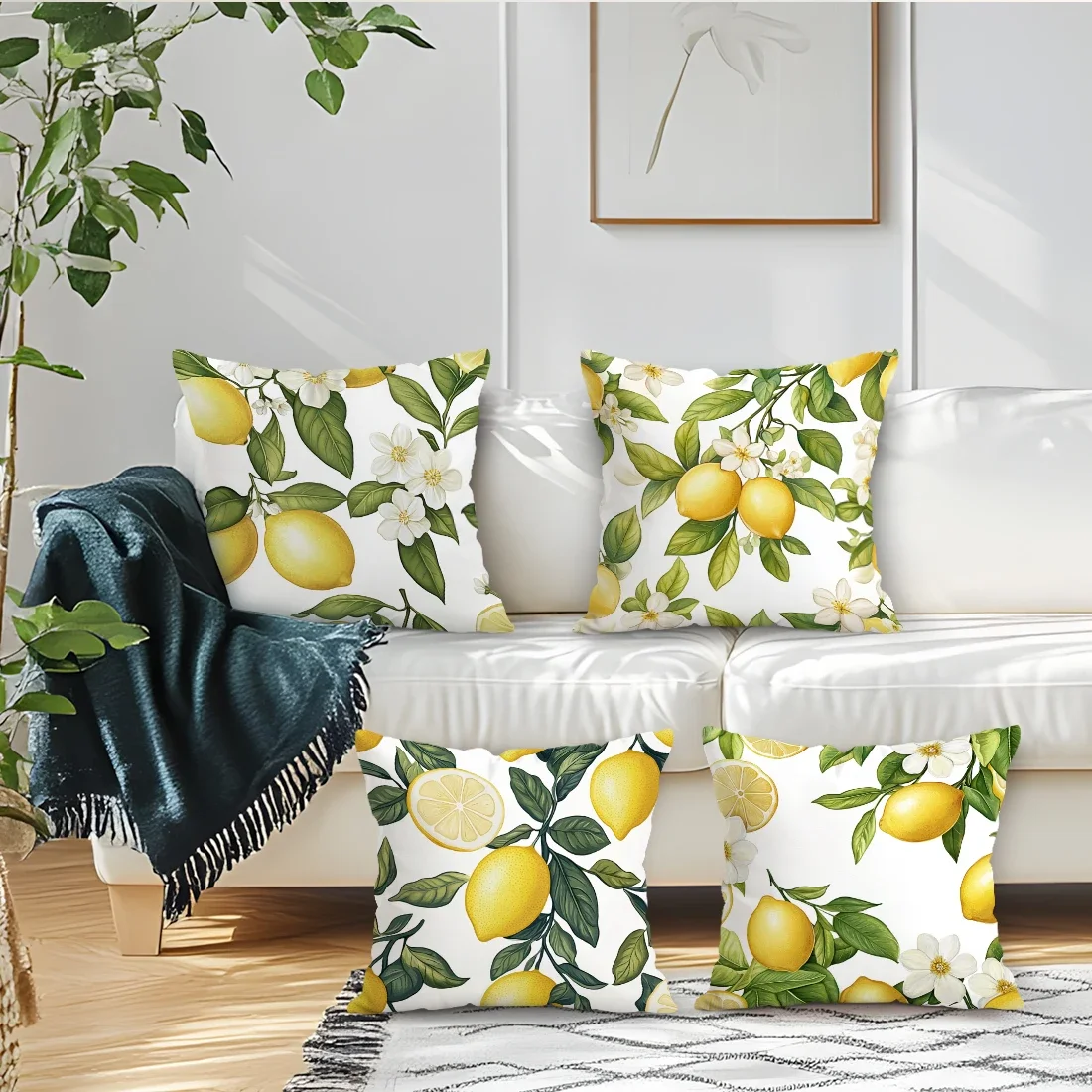 4Pcs 레몬 꽃 쿠션 커버 단면 인쇄 40/45/50CM 투척 베개 커버 소파 쿠션..