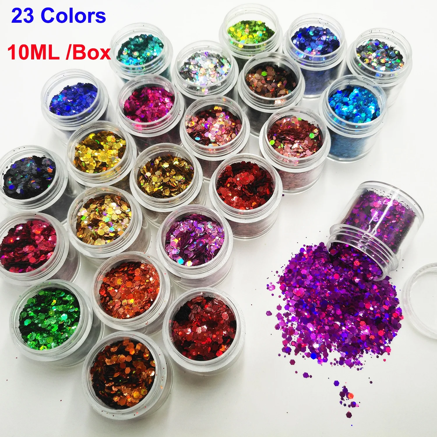 

23Colors 10ML BOX Holographic Laser Nail Glitter Mix Hexagon Chunky Paillette Shape for Art Body Makeup Craft Facepainting DIY