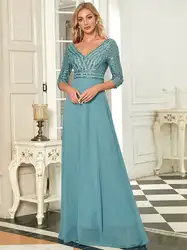 Luxury Evening Dresses Long V Neck A-Line Three Quarter sleeve Floor-Length Gown 2024 of Exquisite Prom Women Dress