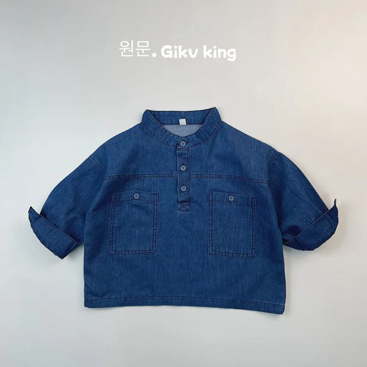 Spring New Boys Girls Denim Shirts Kids Long Sleeve Loose Tops Infant Toddler Casual Large Pocket Shirts Children Clothes
