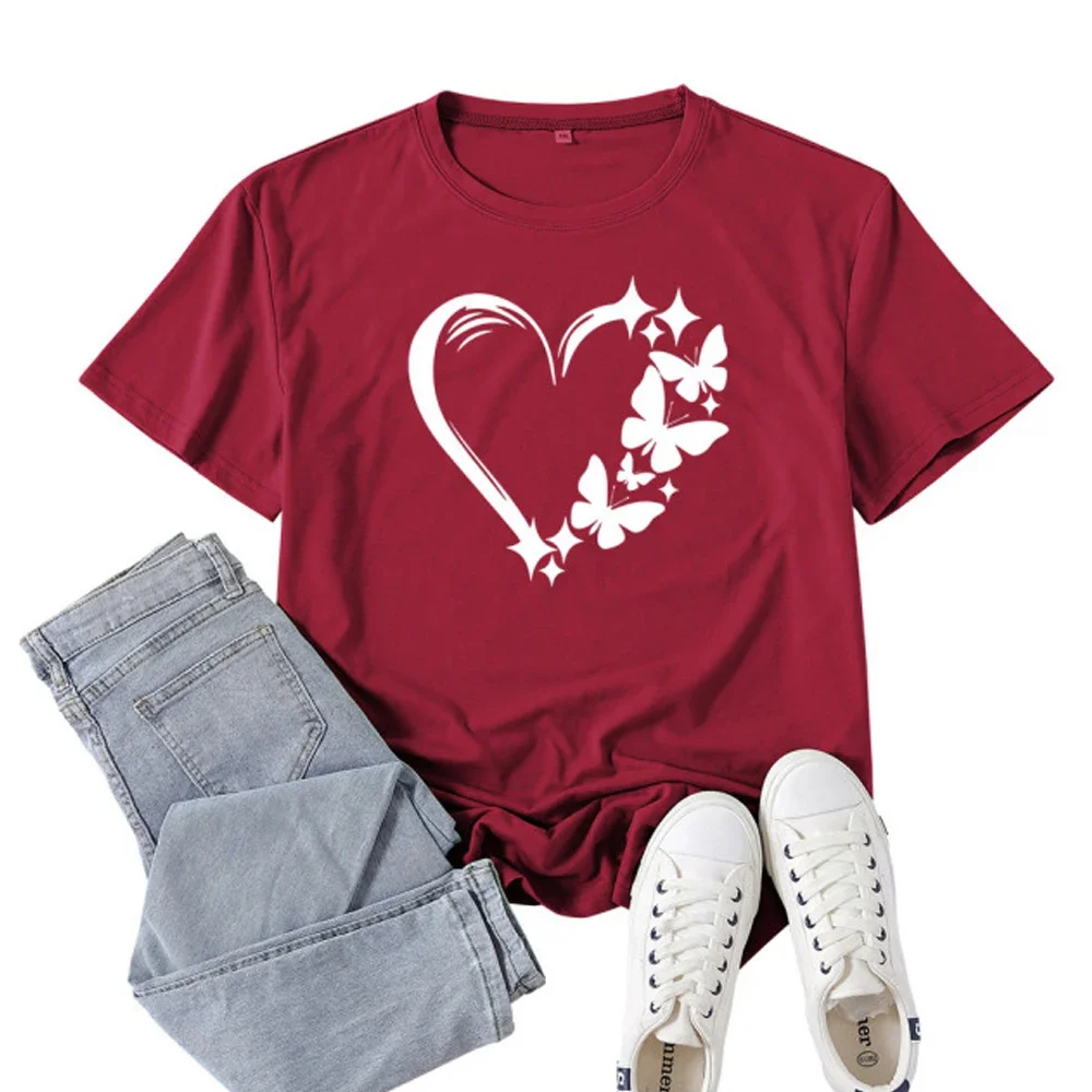 

Футболка женская с круглым вырезом, Классическая Свободная рубашка с принтом бабочки и сердца, модный топ с коротким рукавом, на лето