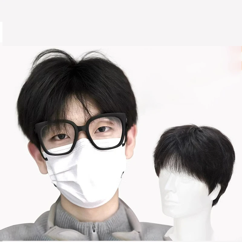 남성용 인모 실크 탑 가발, 자연스러운 검정색 스트레이트 가발, 탈모 또는 탈모가 적은 남성용, 편안하고 통기성 있는 교체 ...