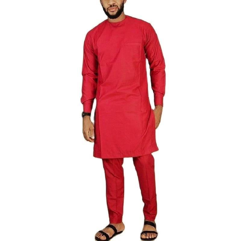 Nigeria Fashion Tops+trousers Solid Red Pant Sets Senator Style Male Groom Suits Custom African