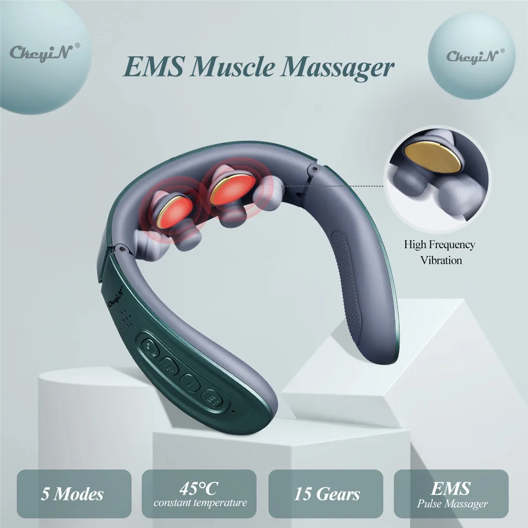 

CkeyiN TENS Pulse Neck Massager EMS Vibration Shoulder Cervical Physiotherapy Massage Heating Relaxation Muscle Pain Relief Tool