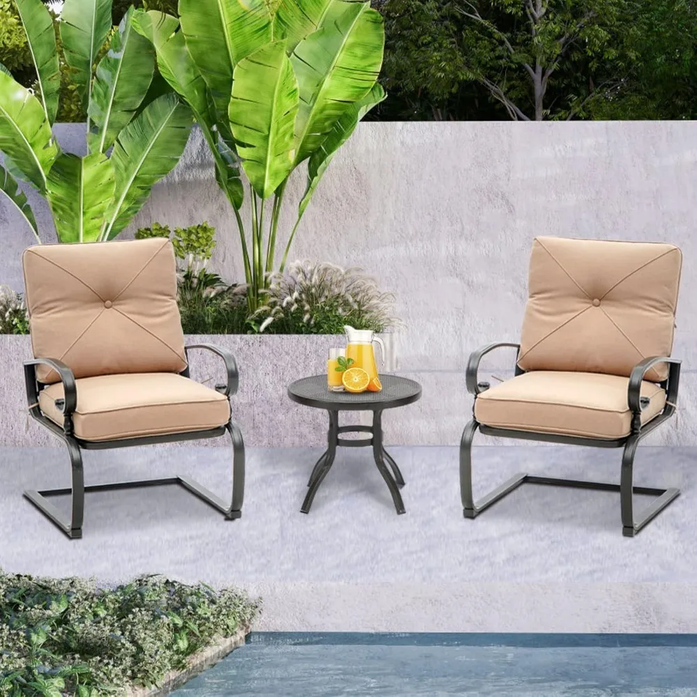 3 Piece Patio Furniture Outdoor Bistro Set Metal Action Lounge Cushioned Chairs and Bistro Round Table Set, Wrought Ir 6