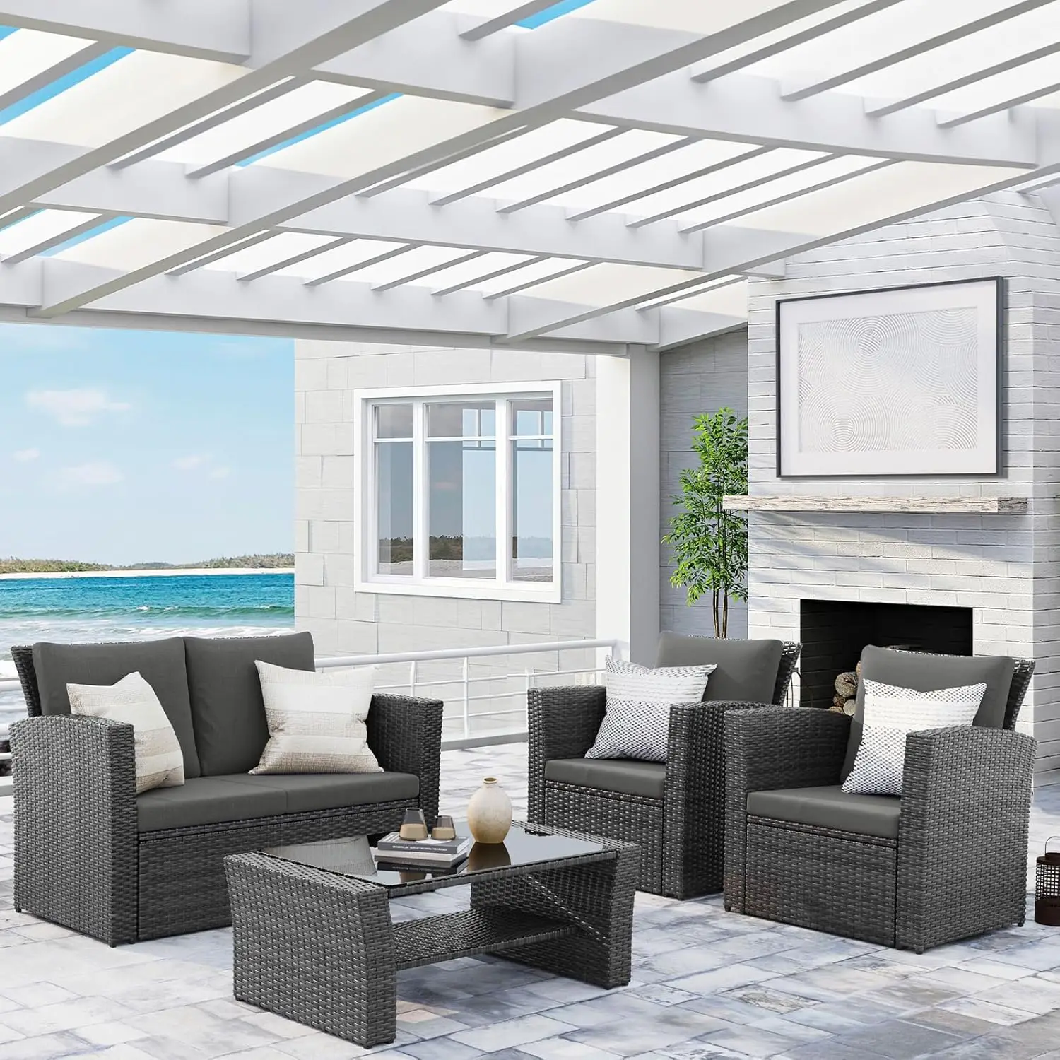 

Уличные наборы мебели для патио из 4 предметов, Плетеный набор для разговора, серый диван из ротанга с подушкой, набор садовой мебели