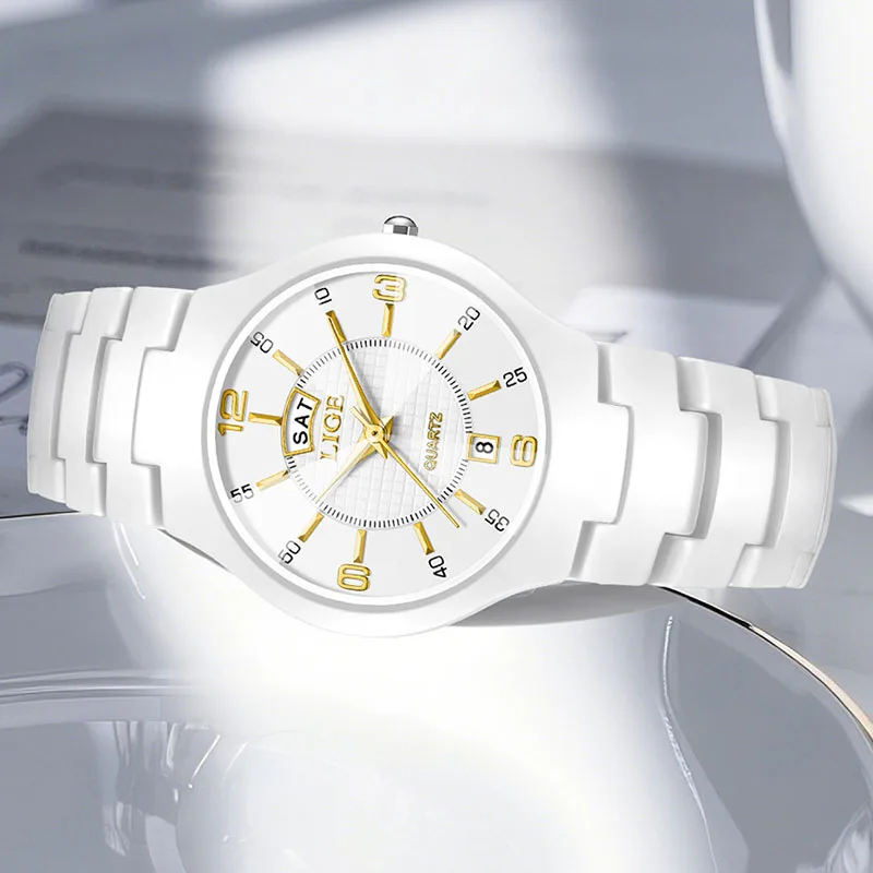 LIGE Ceramic Women's Quartz Wristwatch Waterproof Stainless Steel Week Date Ladies Watches Fashion Elegant Bracelet Watch Women