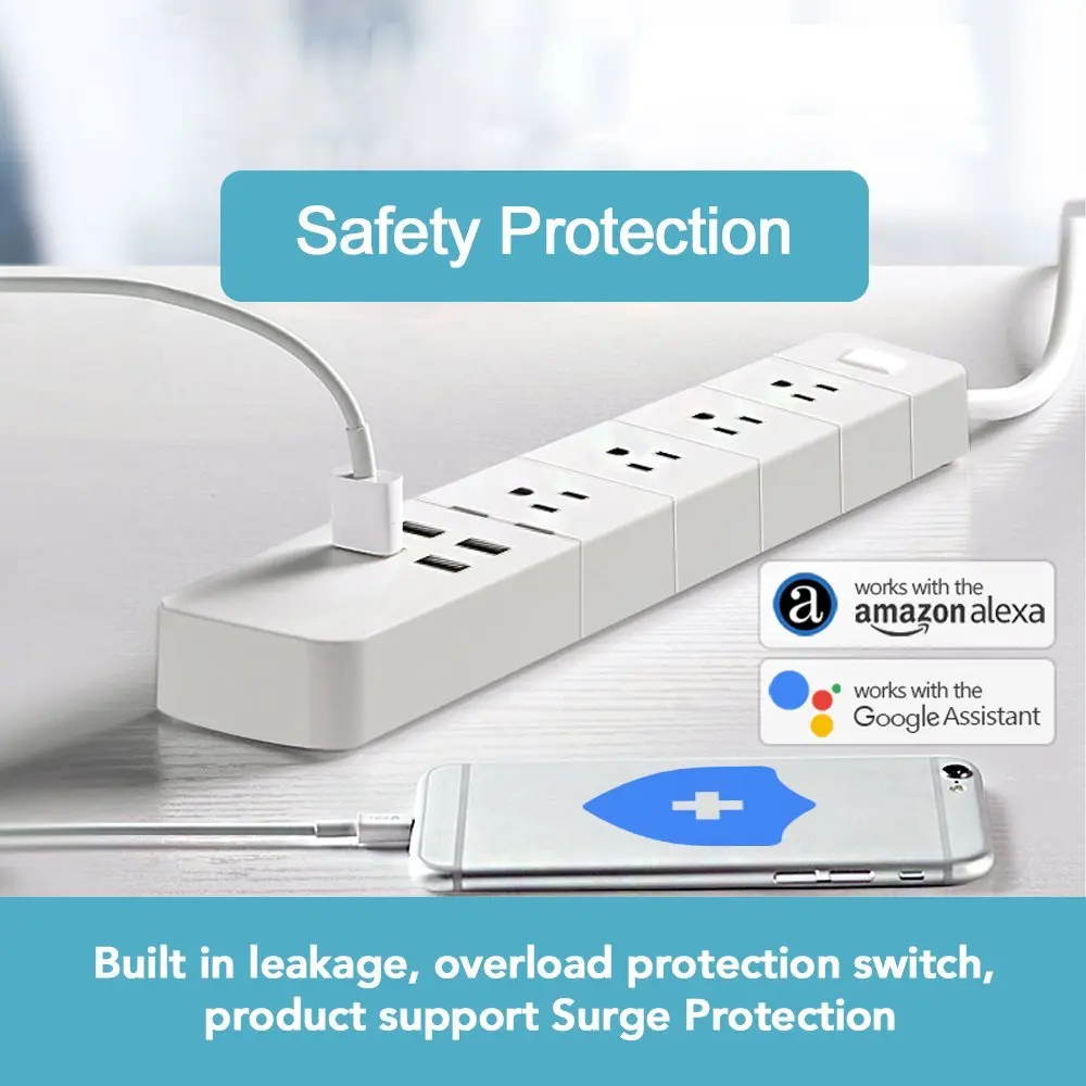 Description Picture 4 of itemWiFi Smart Tuya Power Strip USB Surge Protector 4 US Outlet Plug Socket 1.8m Extension Cord Remote Control by Alexa Google Home