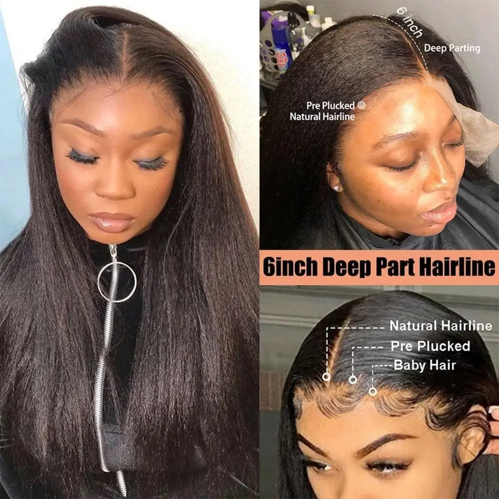 Kinky Straight Lace Front Wigs Human Hair Pre Plucked with Baby Hair 250% Density Yaki Straight 13x4 Transparent HD Lace Wigs