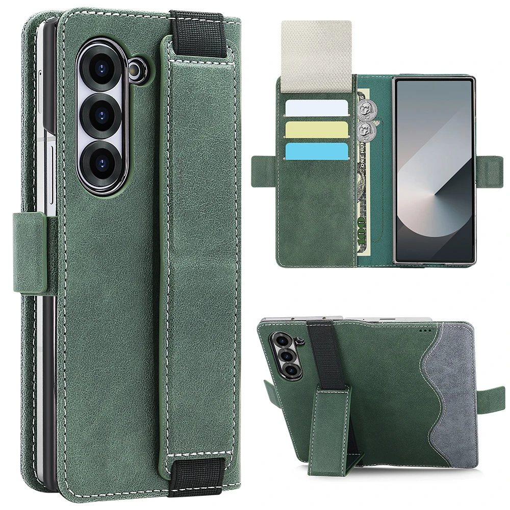 Premium PU Leather Flip Wallet Phone Case with RFID Blocking and Adjustable Wristband Kickstand Holder