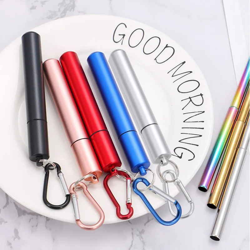 Reusable Telescopic 304 Stainless Steel Metal Straw with Cleaning Brush Portable Drinking Set for Travel with Case drinking straws metal straw set