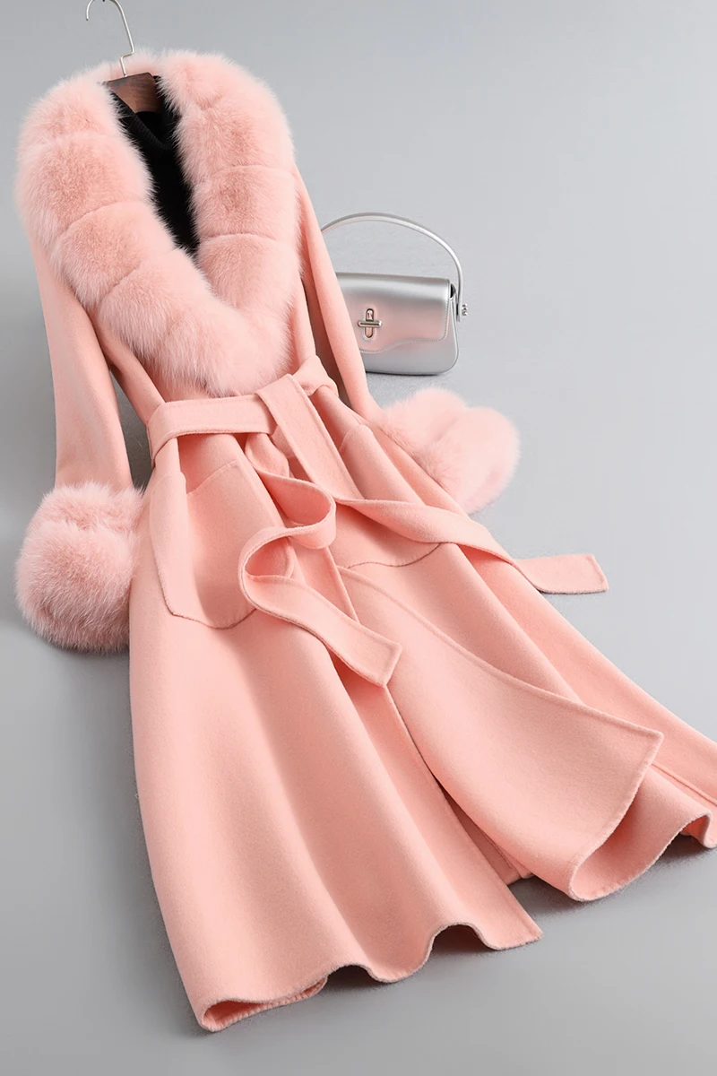 Pudi 2023 New Fashion Real Wool Blends  Women Coat Winter Warm Genuine Fox Fur Collar Hot Lady Jacket CT357