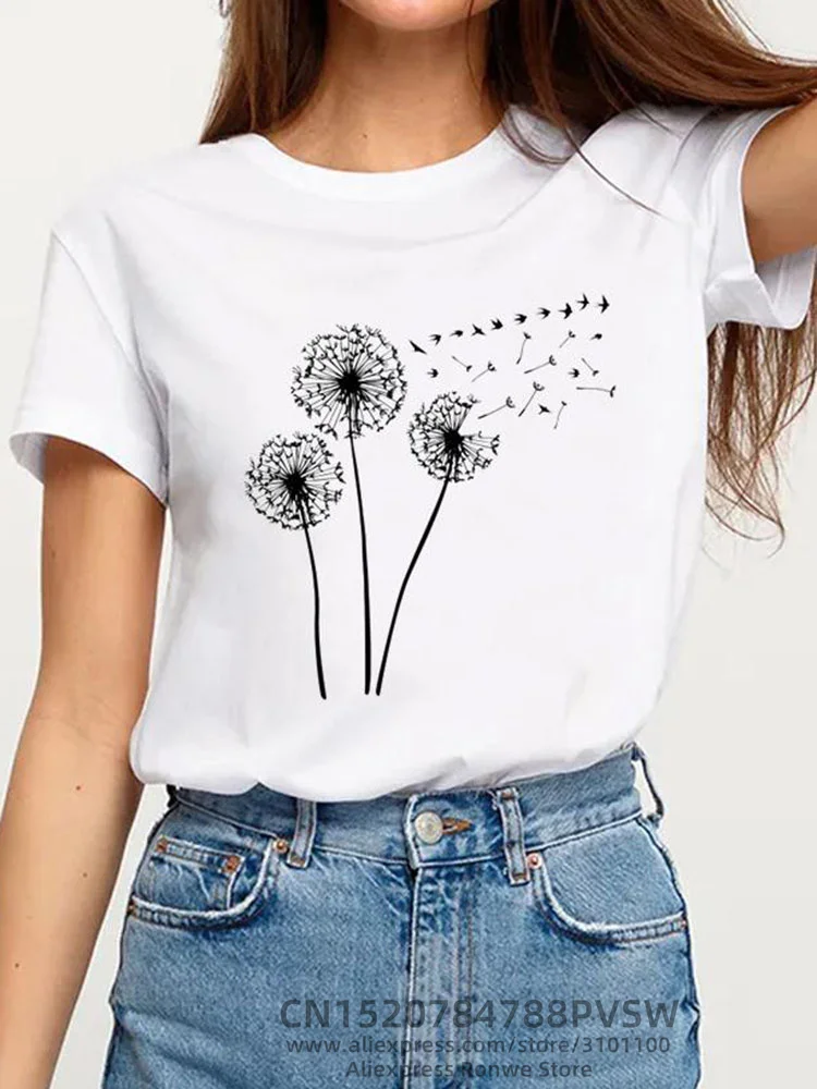 Sommer Löwenzahn Liebe Süße Trend Frauen Kleidung Kleidung Kurzarm Grafik T-shirt Druck T Shirt Mode Kawaii Basic Tee Top
