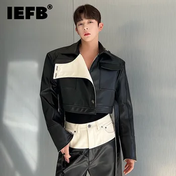 IEFB 봄 디자이너 짧은 데님 PU 가죽 재킷, 대비색 2023 턴다운 칼라, 긴팔 남성 코트, 패션 9A7435