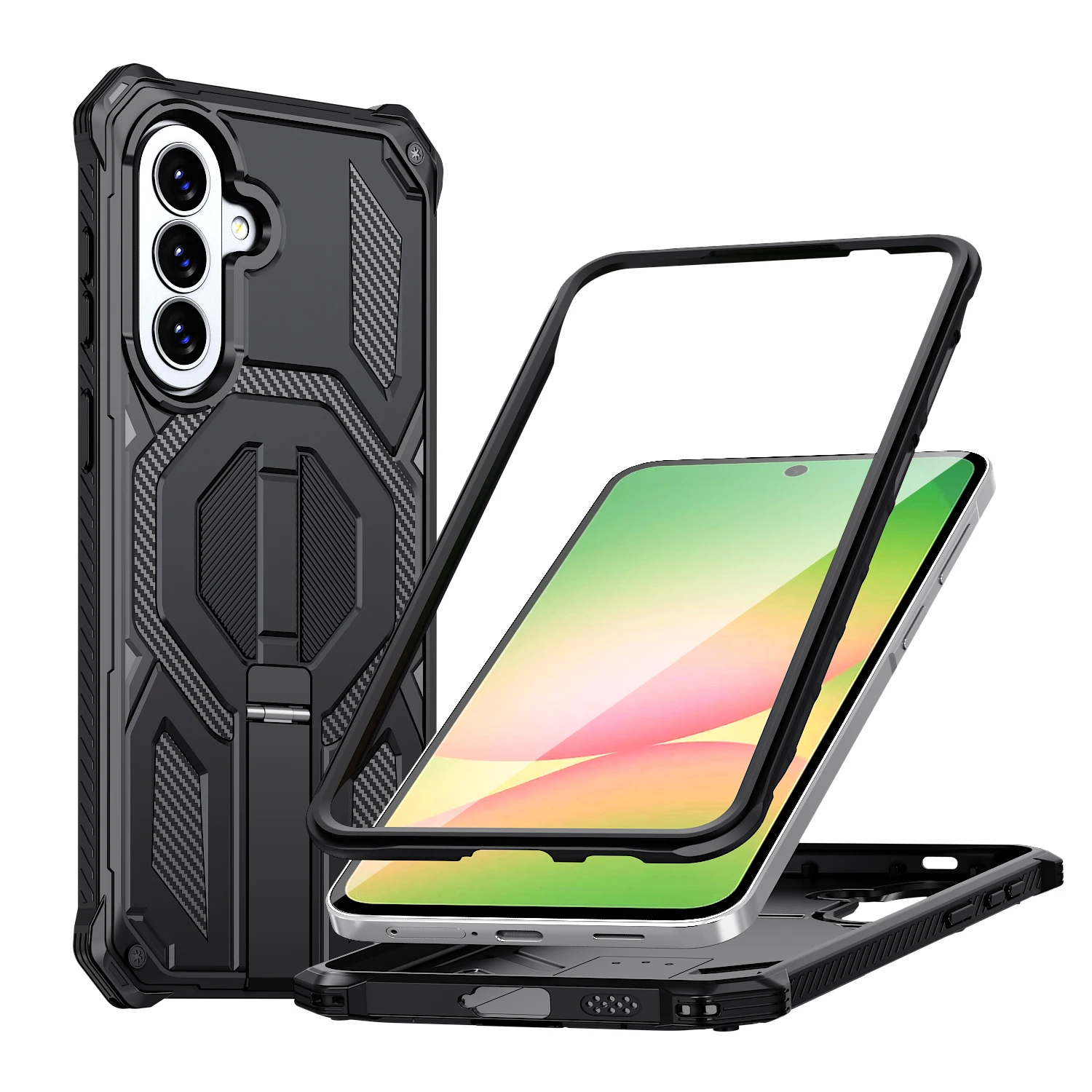 Rugged Armor Phone Case with Magnetic Stand and Rotating Cover