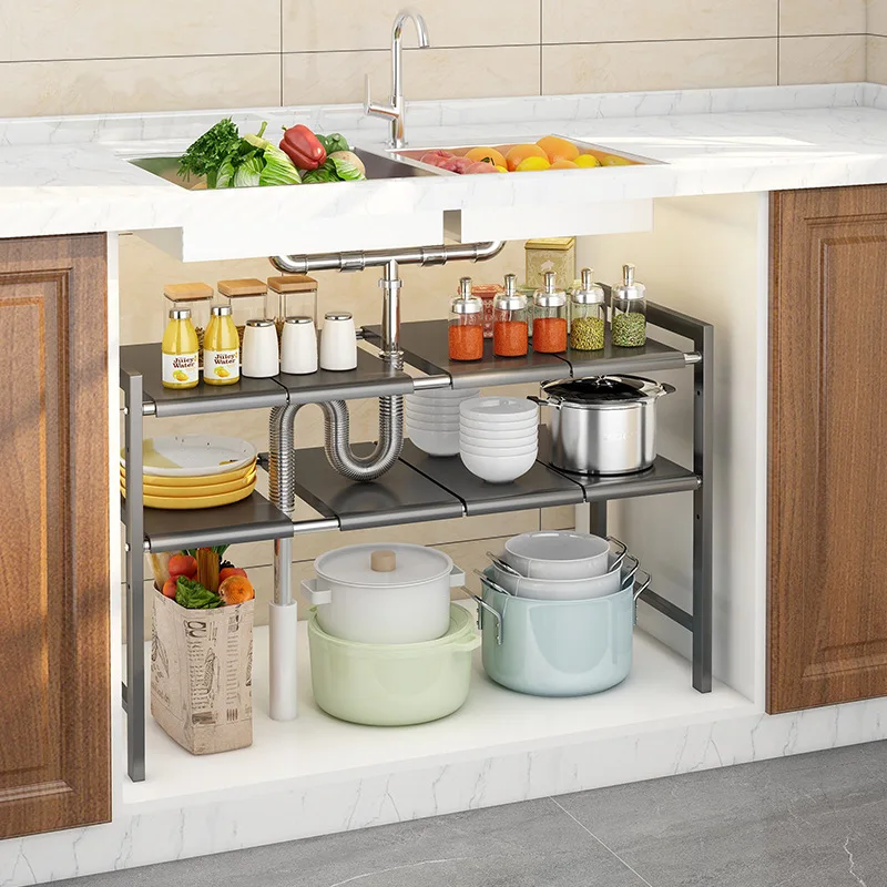 

Adjustable Double Layer Shelf Floor Stand Storage Rack Under Sink Kitchen And Household Storage Rack Multifunctional