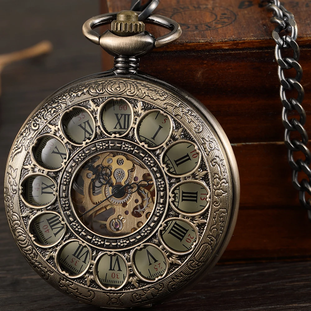 Roman Numeral Mechanical Pocket Watch Engrave Carving Sliver Case Steampunk Skeleton Fob Chain Clock Men