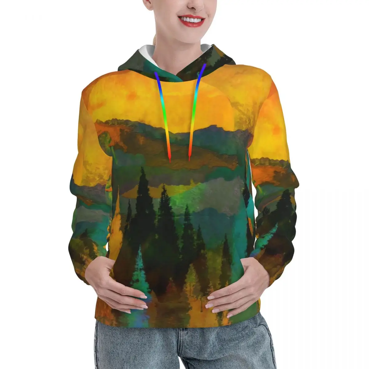 

Trees And Mountains Streetwear Hoodies Autumn Painting of Abstract Print Pullover Hoodie Oversize Casual Graphic Sweatshirts
