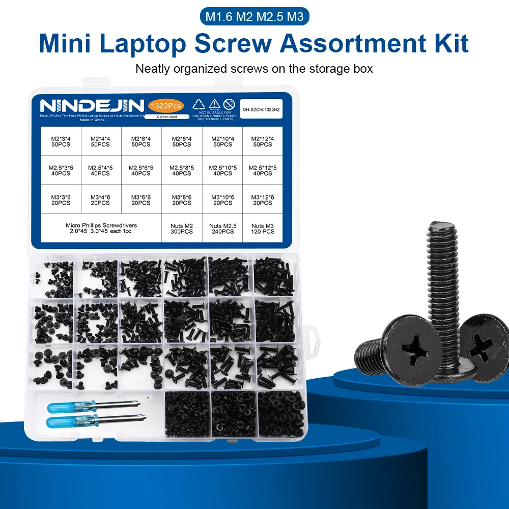 NINDEJIN 노트북 컴퓨터 나사 키트(너트 포함) M1.6 M2 M2.5 M3 삼성 HP Dell Lenovo 용 초박형 헤드 노트북 노트북 나사 세트
