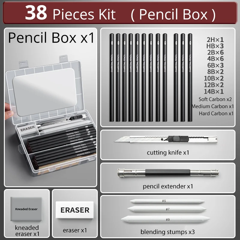 27/38/47pcs Drawing Pencils Sketch Box Set Sketching Kit Pro Art Sketch Supplies Charcoals Kneaded Eraser Extender Pencil Case 5