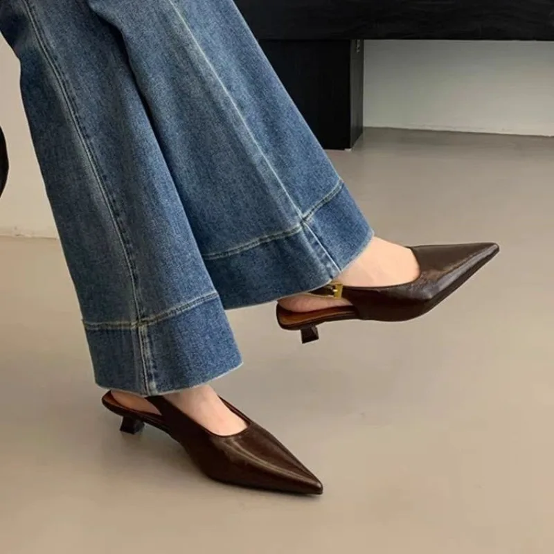 Sexy Pointed Toe Mid Heels Sandals Women Shoes Slingback Summer Trend Dress Leather Pumps New Elegant Party Sandalias Mujer