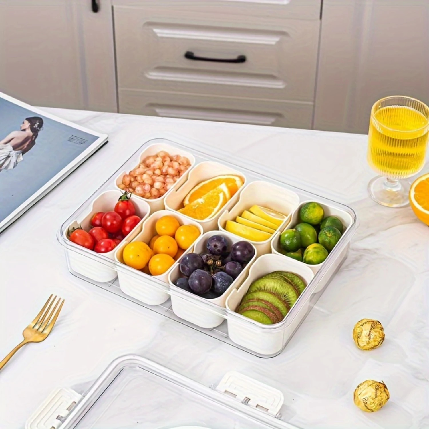 Divided Serving Tray with Lid and Handle--Snackle Box Charcuterie Container for Portable Snack Platters-Clear Organizer for Ca