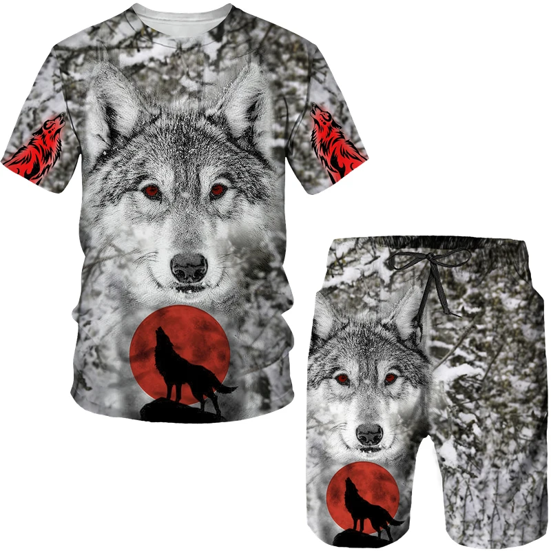 

Fashion Summer Wolf 3D Printed Men's T-Shirt+Shorts Sleeve Tops Unisex Cool Animal Sport O-neck Tracksuit Hip Hop Set Suits Top