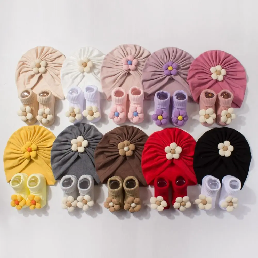Sweet Big Flower Baby Hat Socks Set Comfortable Non-Slip Infant Socks Set Warm Soft Knit Toddler Turban Newborn Baby Gift