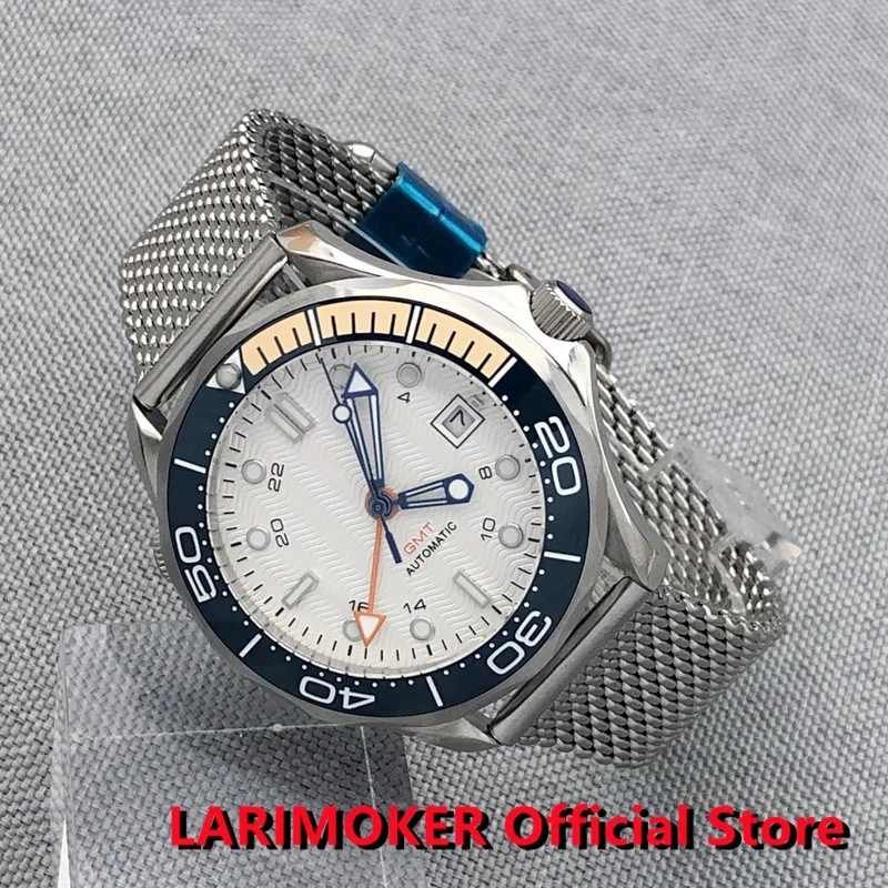 

LARIMOKER Brand 41mm Auto Men Watch Sapphire Glass Orange GMT Date Indicator Mental Band Rotating Bezel Mesh Belt