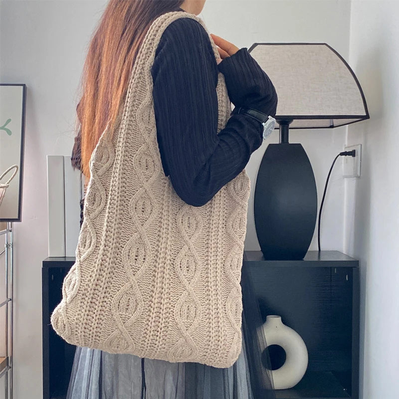 Women Crochet Shoulder Bag Large Capacity Solid Color Crochet Tote Bag Multifunctional Knitted Shopping Bag Casual Commuting Bag