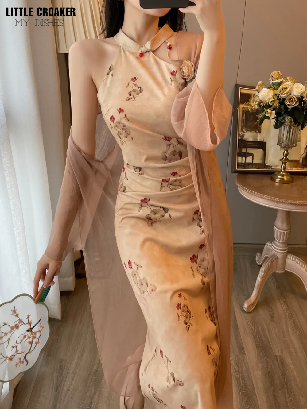 Women Hanging Neck Youth Retro Improved Chinese Qipao Dress Women's Summer New Style Style Waist Wrapping Slim Long Dress