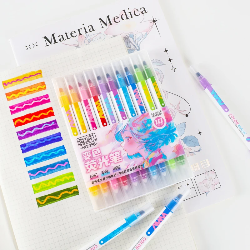 양면 매직 컬러 변경 하이라이터 펜 세트, 학생 일기, 스크랩북 그림, DIY 만들기, 사무실 귀여운 문구, 10 개